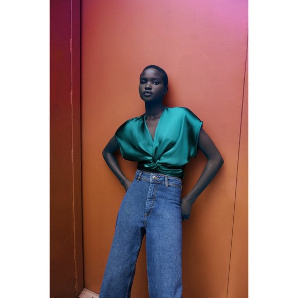 Zara Tops - Zara Satin Cropped Blouse Twisted Front Short Sleeve Teal Size M Silky Satin